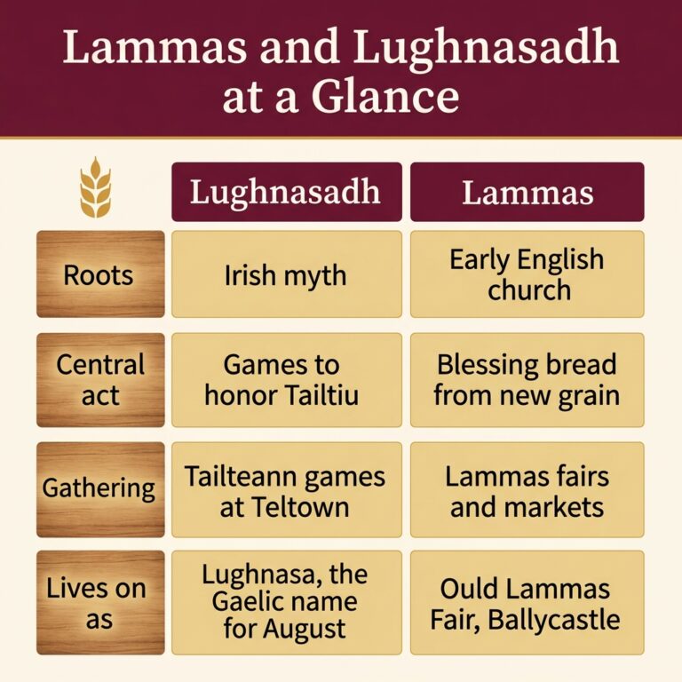 Comparison infographic titled Lammas and Lughnasadh at a Glance, showing the roots, central act, gathering and living legacy of each first harvest festival side by side