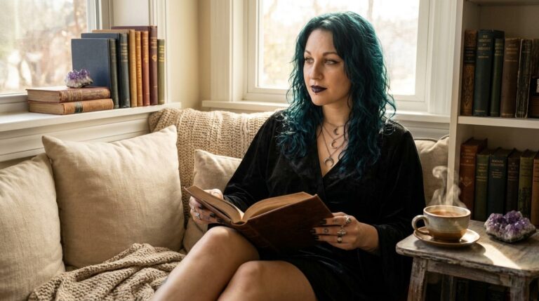 A cozy reading nook with a witchcraft book open on a lap, tea, and a small crystal on the table