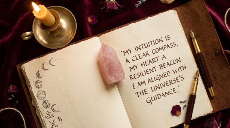 Rose quartz resting on an open journal with a handwritten affirmation