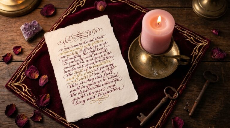 A handwritten intention card resting beside a softly lit pink candle