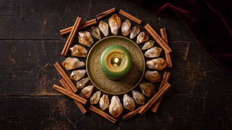 Citrine and cinnamon sticks arranged around a lit green candle