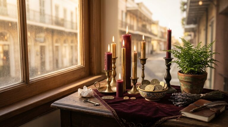 A tidy altar with candles, coins, and a small potted plant near a sunlit window