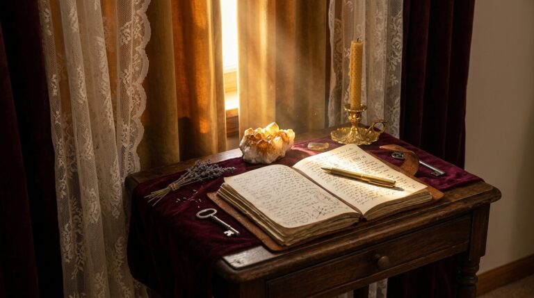 Sunlight breaking through curtains onto a small altar with a citrine crystal and open notebook