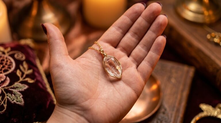 A small clear quartz pendant held in an open palm