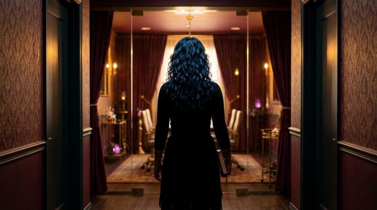 A woman taking a calm breath before entering a glass conference room