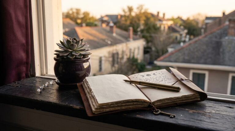 A small potted plant on a windowsill beside an open notebook and pen
