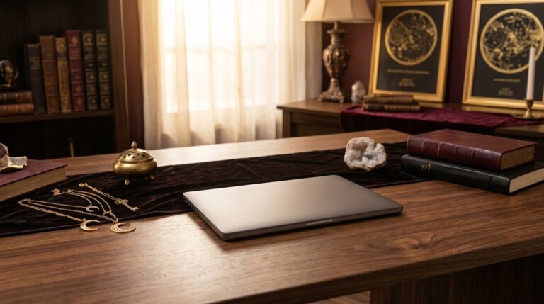 A calm office scene with warm lighting and a closed laptop on a tidy desk