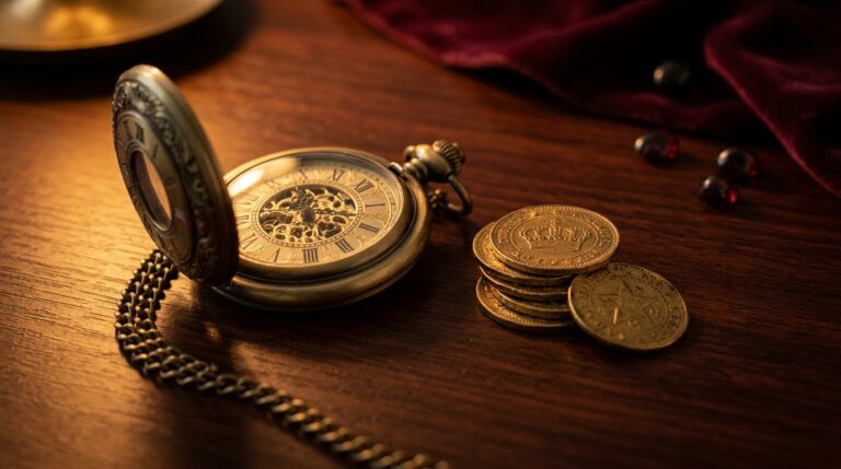 A pocket watch resting beside a small stack of coins