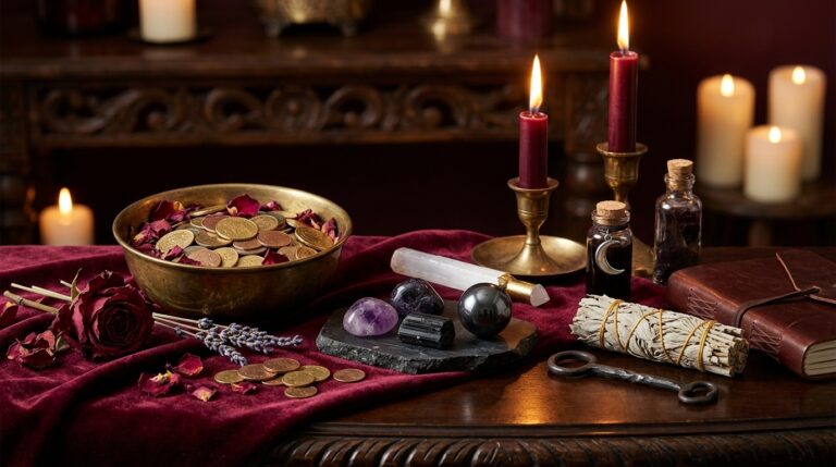 A ritual altar set with mixed items reflecting several different intentions at once