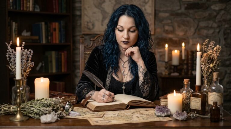 Madame Celestine writing thoughtfully in a grimoire at a candlelit desk