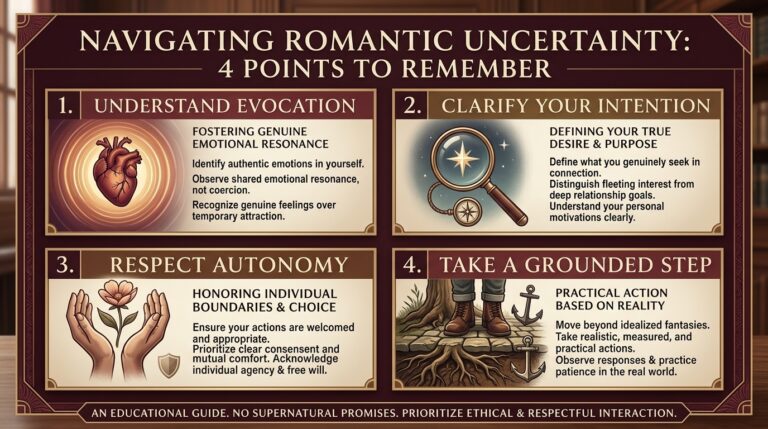 Infographic listing four reminders for navigating romantic uncertainty: understand evocation, clarify intention, respect autonomy, and take a grounded step