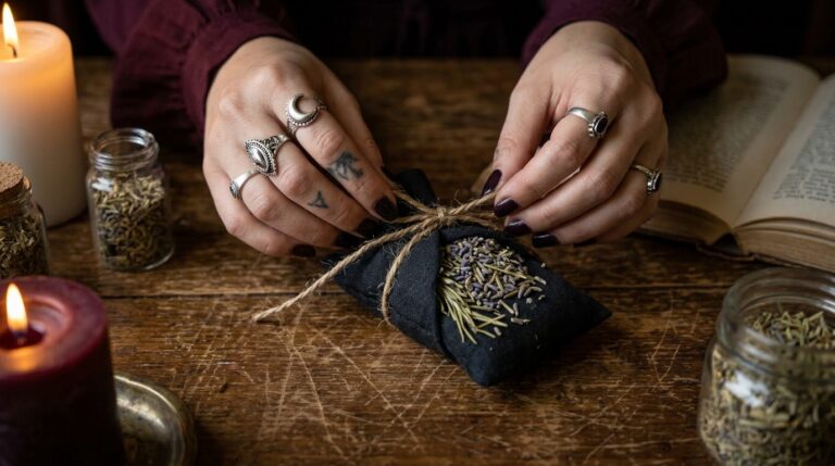 A person's hands gently tying a small herb sachet with twine on a rustic wooden surface