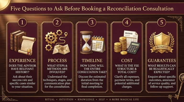 Infographic titled Five Questions to Ask Before Booking a Reconciliation Consultation, listing experience, process, timeline, cost, and guarantees