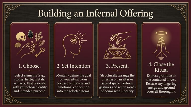 Infographic titled Building an Infernal Offering showing four steps: choose, set intention, present, close the ritual