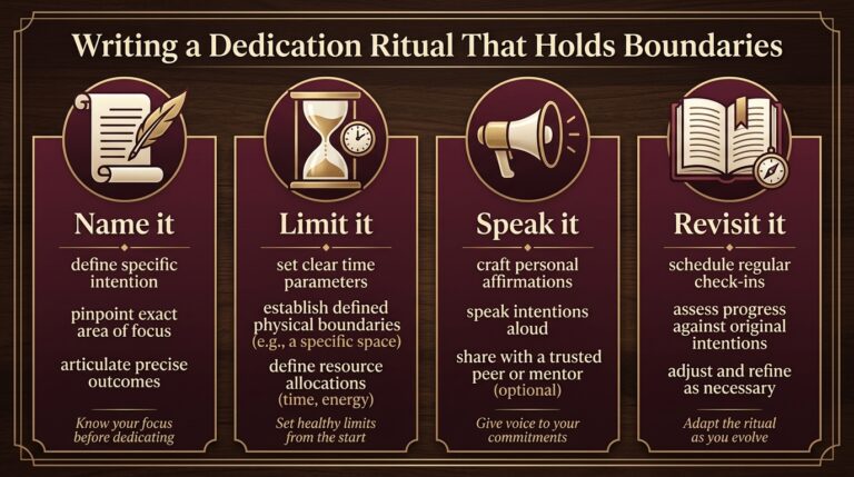 Infographic titled Writing a Dedication Ritual That Holds Boundaries, showing four steps: name it, limit it, speak it, revisit it
