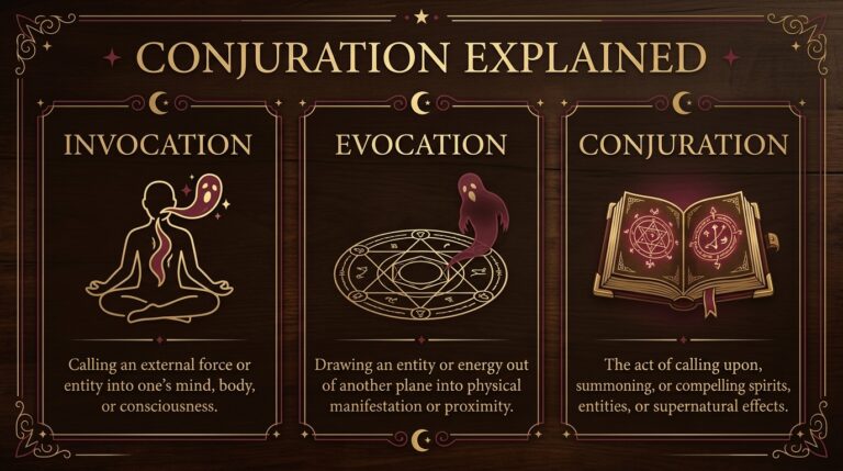 Infographic titled Conjuration Explained comparing invocation, evocation, and conjuration with icons