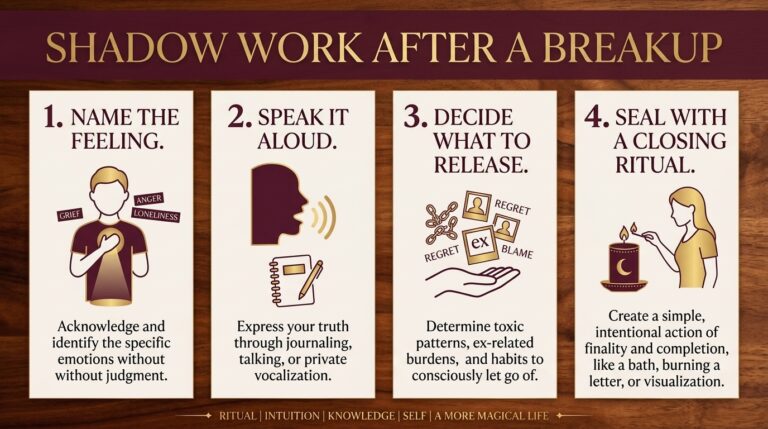 Infographic titled Shadow Work After a Breakup showing four steps: name the feeling, speak it aloud, decide what to release, seal with a closing ritual