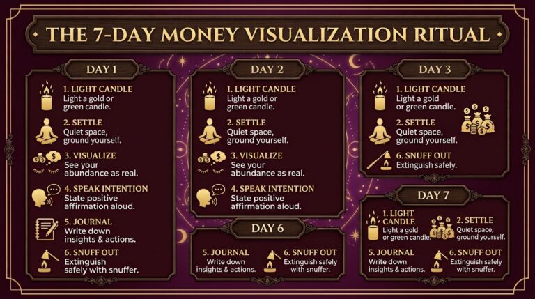 Infographic showing the seven-day money visualization ritual structure, one step per night with candle and breathing icons