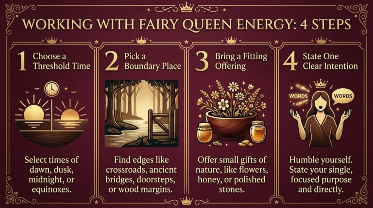 Infographic showing four steps for working with Fairy Queen energy: choose a threshold time, pick a boundary place, bring a fitting offering, and state one clear intention