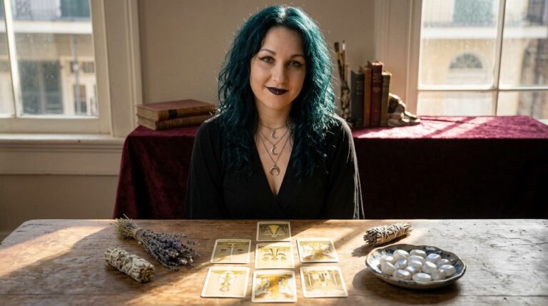 A flat lay of oracle cards, dried herbs, and a small dish of moonstones on a wooden table