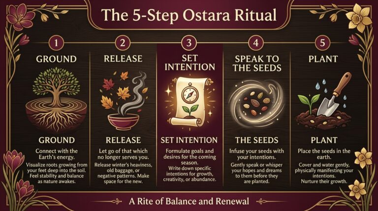 Infographic showing the five steps of an Ostara ritual: ground, release, set intention, speak to the seeds, and plant