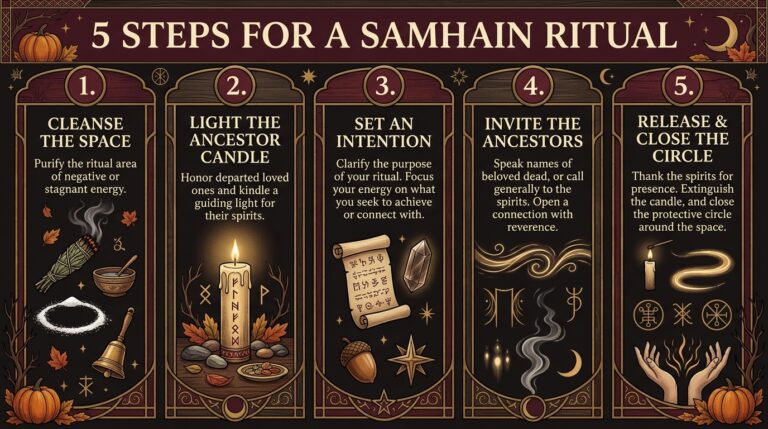 Five-step infographic showing a Samhain ritual sequence: cleanse the space, light the ancestor candle, set an intention, invite the ancestors, and release and close the circle