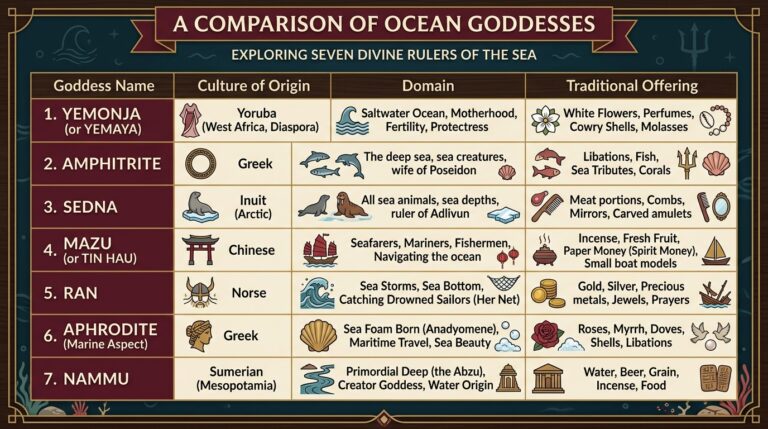 Comparison infographic of seven ocean goddesses showing each one's culture, domain, and traditional offering