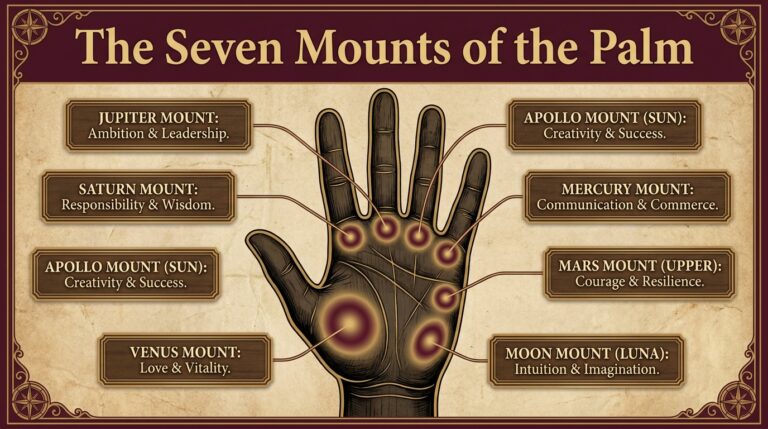 Labeled infographic mapping the seven mounts of the palm and what each one traditionally represents