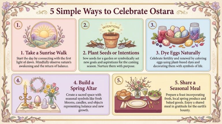 Infographic showing five simple ways to celebrate Ostara: a sunrise walk, planting seeds or intentions, dyeing eggs naturally, building a spring altar, and sharing a seasonal meal