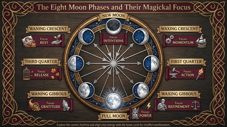 Infographic showing the eight moon phases and the traditional magickal focus for each one