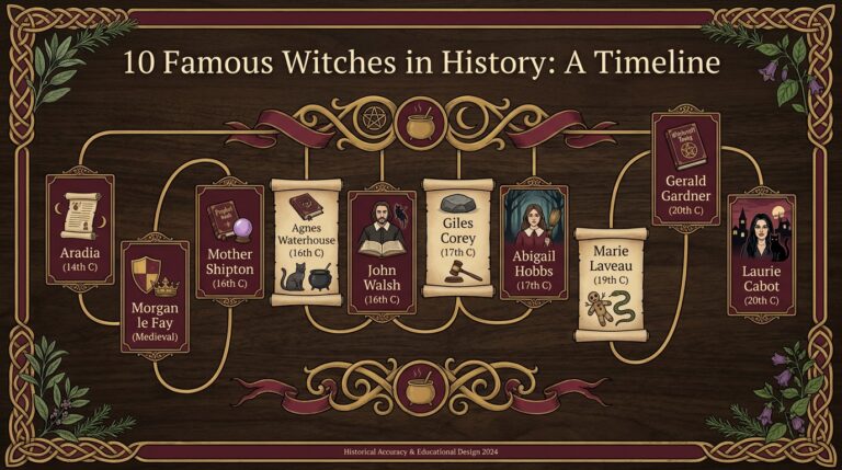Timeline infographic of ten historical witch figures from Aradia to Laurie Cabot