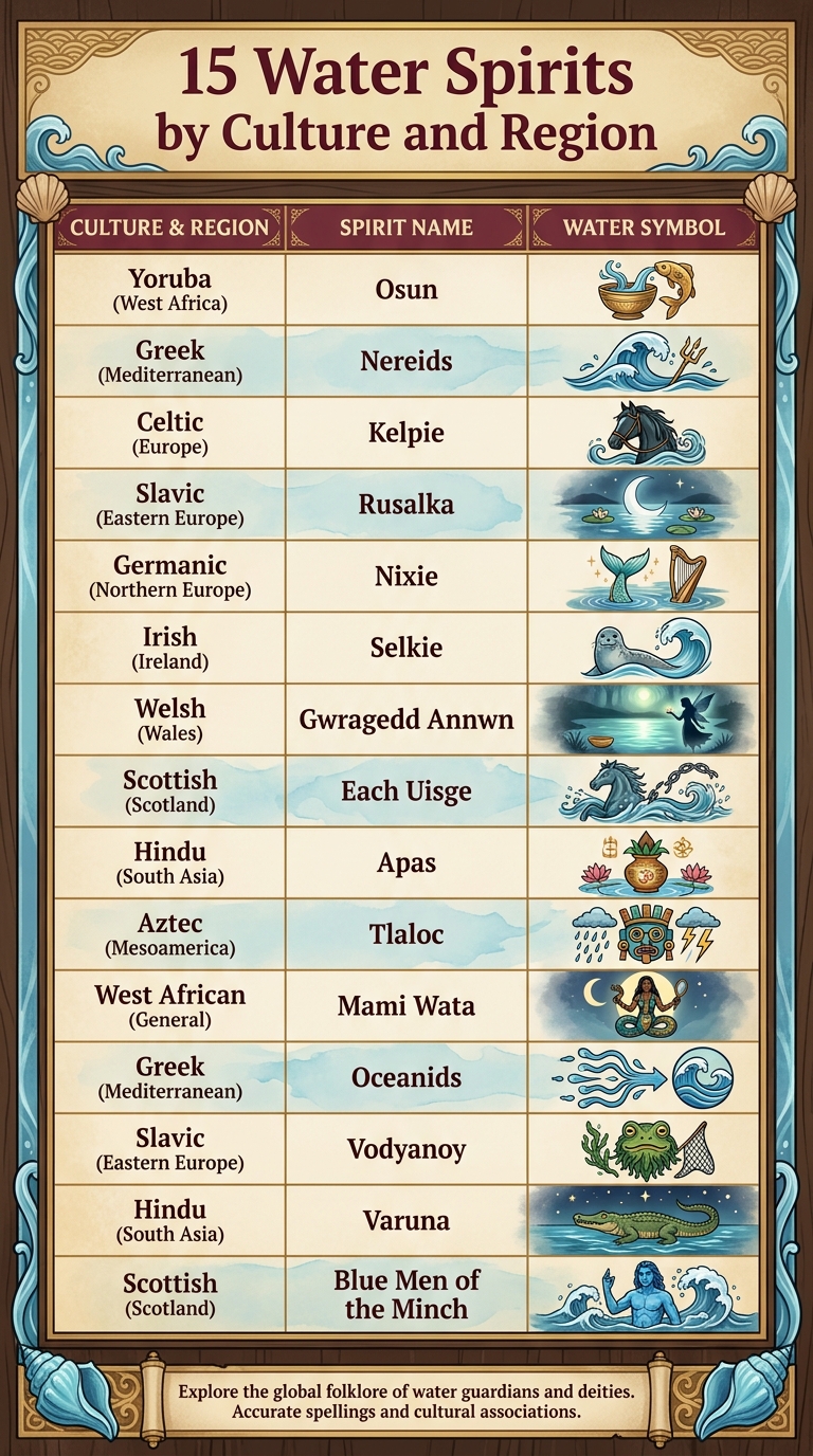 Infographic listing 15 water spirits by culture and region, including Osun, Nereids, Kelpie, and Mami Wata