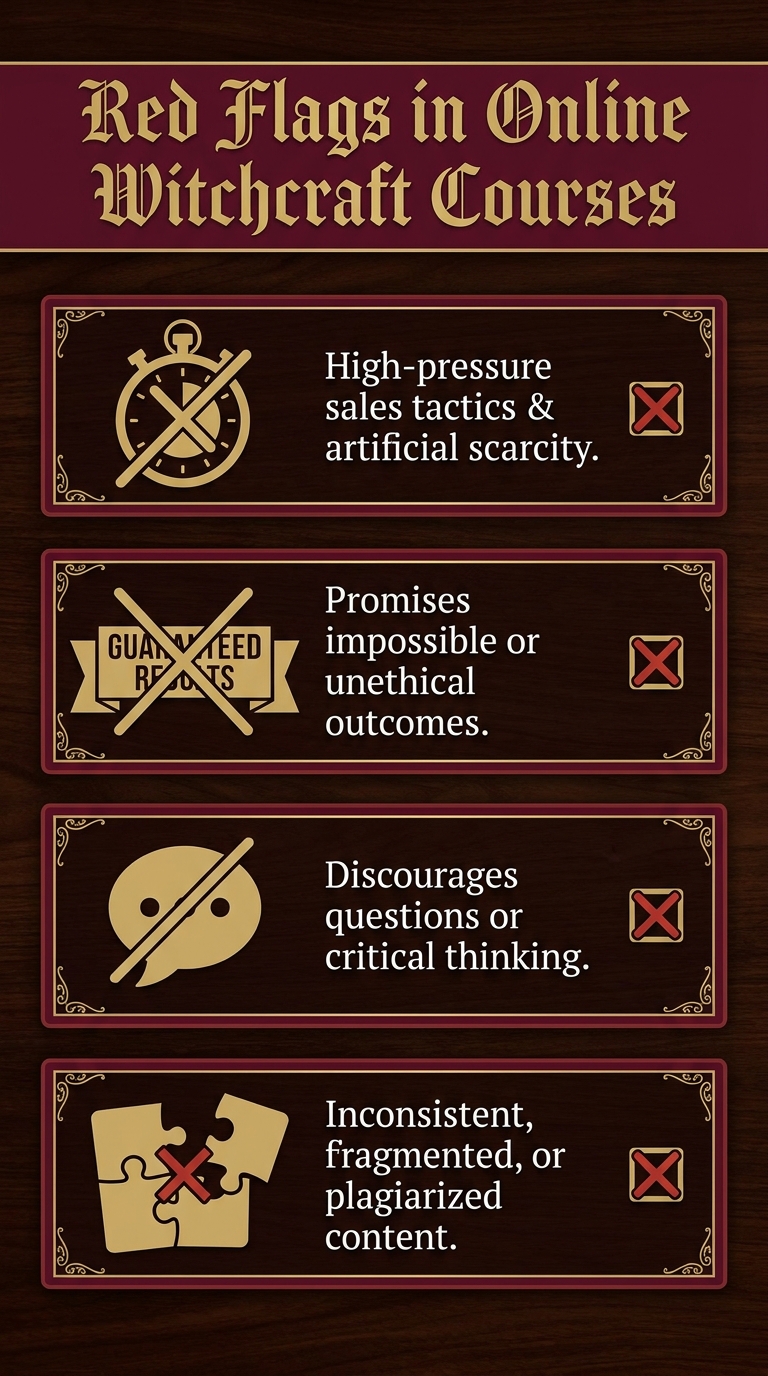 Infographic listing four red flags in online witchcraft courses: high-pressure sales tactics, guaranteed impossible outcomes, discouraged questions, and inconsistent or plagiarized content