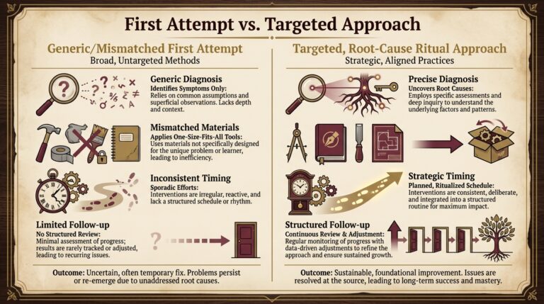 Side-by-side infographic comparing a generic first ritual attempt against a targeted, root-cause approach across diagnosis, materials, timing, and follow-up