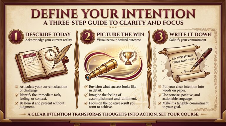 Three-step infographic titled Define Your Intention, showing describe today, picture the win, and write it down