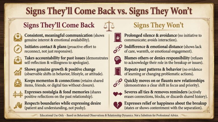 Infographic titled Signs They'll Come Back vs. Signs They Won't, showing behaviors like consistent communication and accountability that predict whether exes come back, against signs like prolonged silence and moving on quickly