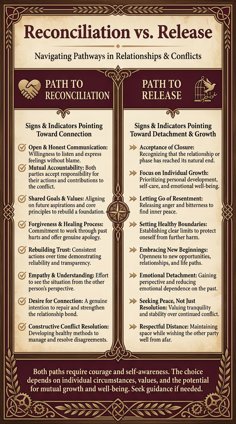 Infographic titled Reconciliation vs. Release, listing signs like honest communication and rebuilding trust on the reconciliation side, against letting go of resentment and embracing new beginnings on the release side