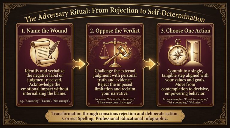 Adversary archetype infographic showing three steps from rejection to self-determination: name the wound, oppose the verdict, choose one action