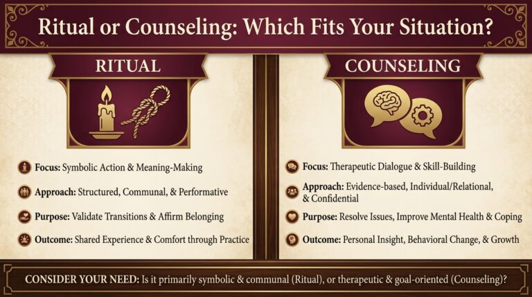 Side-by-side ritual or counseling infographic comparing the two across focus, approach, purpose, and outcome to help you decide which fits your situation