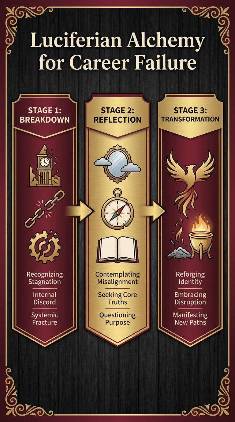 Luciferian alchemy infographic showing three career failure stages: breakdown through stagnation and fracture, reflection through questioning purpose, and transformation through reforging identity
