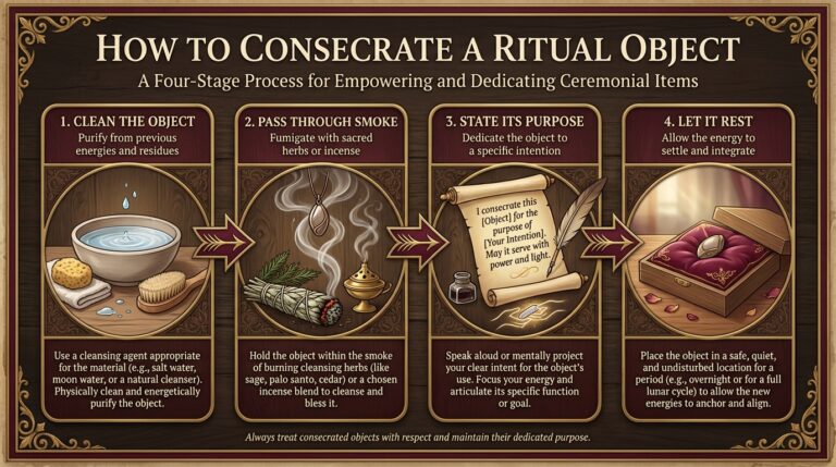 Four-step infographic showing infernal consecration: clean the object, pass it through smoke, state its purpose aloud, let it rest overnight