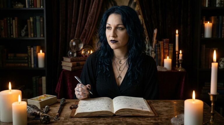Madame Celestine reflecting by candlelight after a truth spell, journal open on the table