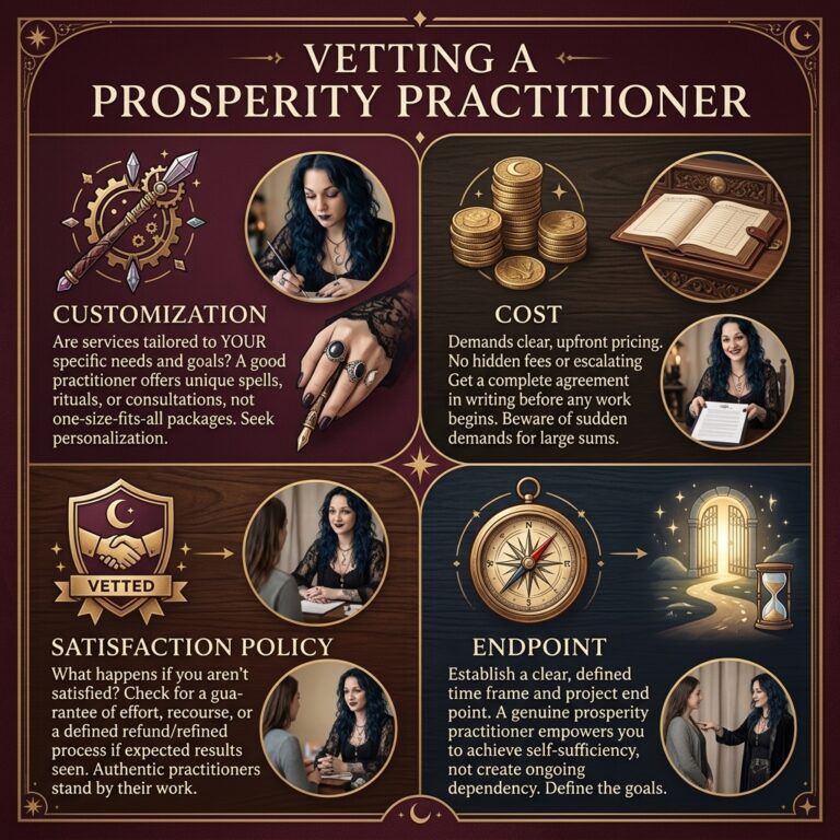 Four-point infographic on vetting a practitioner before commissioning occult prosperity work: customization, cost, satisfaction policy, and endpoint
