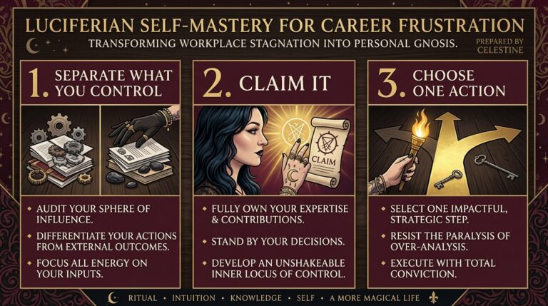Luciferian self-mastery infographic for career frustration: audit your sphere of influence, fully own your expertise, then execute one strategic action with conviction