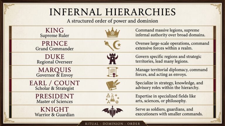 Infographic showing infernal hierarchies ranked from King down to Knight, borrowed from medieval court titles