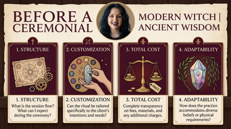 Four-question infographic to ask before a ceremonial magic consultation: structure, customization, total cost, and adaptability