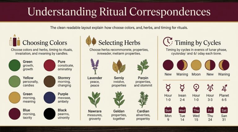 Infographic explaining ritual correspondences: how to choose colors, herbs, and timing that match your intention