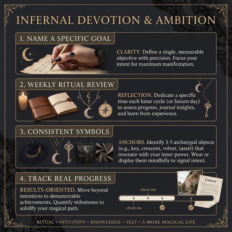 Infographic on infernal devotion and ambition: naming a specific goal, weekly ritual review, consistent symbols, and tracking progress
