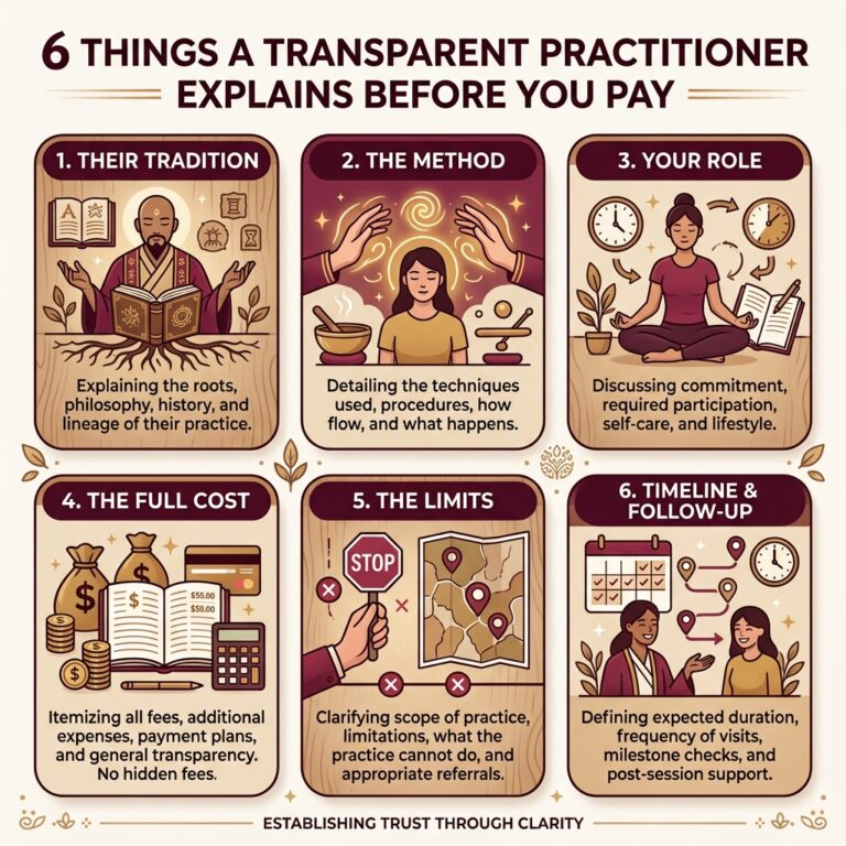 Six-panel infographic titled 6 Things a Transparent Practitioner Explains Before You Pay: their tradition, the method, your role, the full cost, the limits, and timeline and follow-up