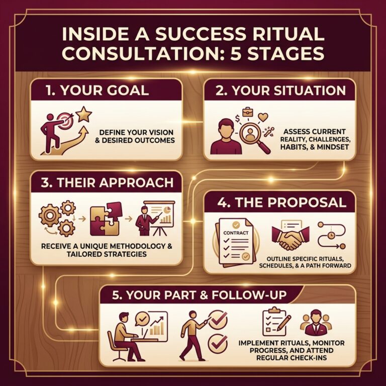 Five-stage infographic, Inside a Success Ritual Consultation: your goal, your situation, their approach, the proposal, and your part and follow-up, linked by a glowing path